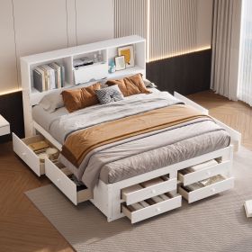 King Size Platform Bed with Storage Headboard and 8 Drawers, White King Size Platform Bed with Storage Headboard and 8 Drawers, White